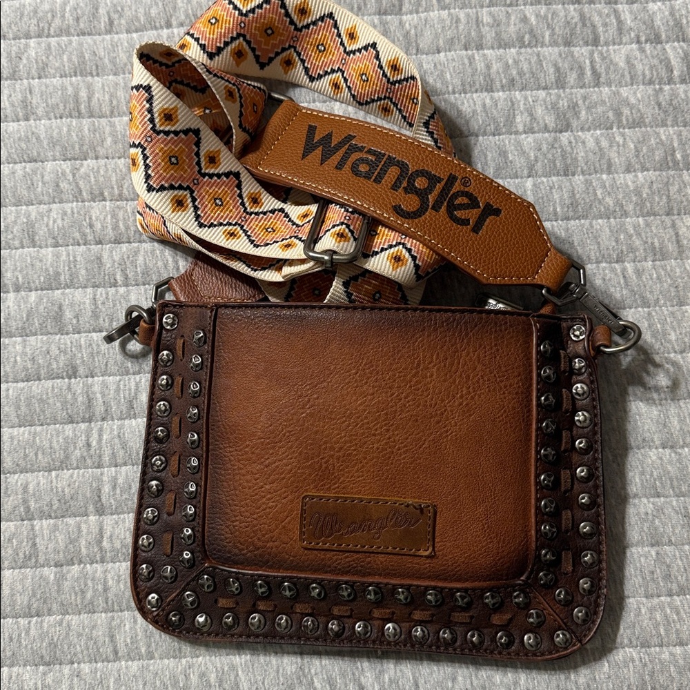 Wrangler Tan Leather Studded Crossbody Bag